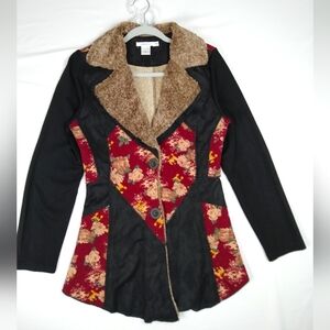 Feratelli Womens Misses Juniors Black Floral Faux Fur Sweater Lightweight Jacket